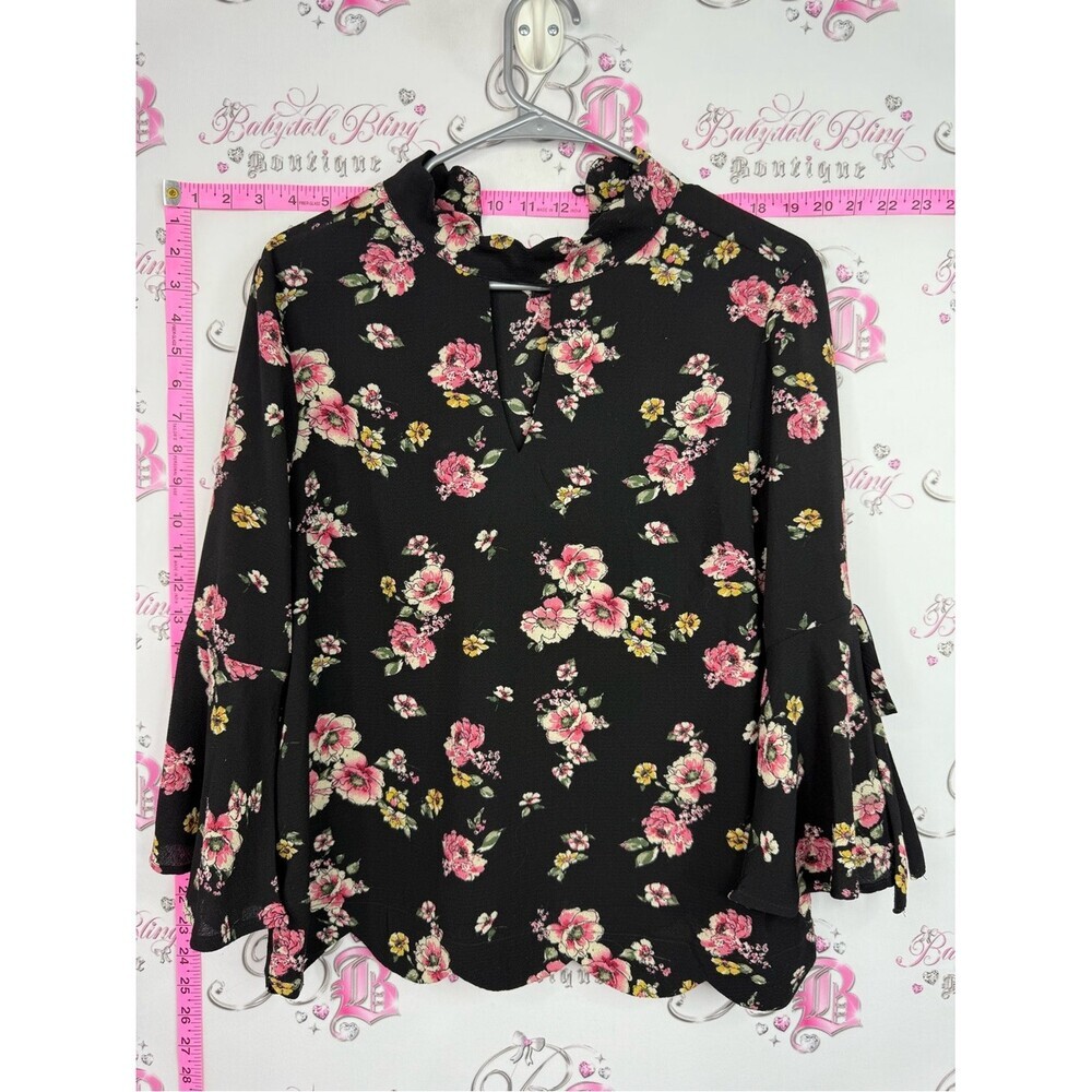 Monteau Black Floral Ruffle Neck Blouse - Pink and Yellow Flowers